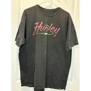 Hurley Mens Graphic T-Shirt Faded Black Pink Script Logo Lightning Bolt Tee XL